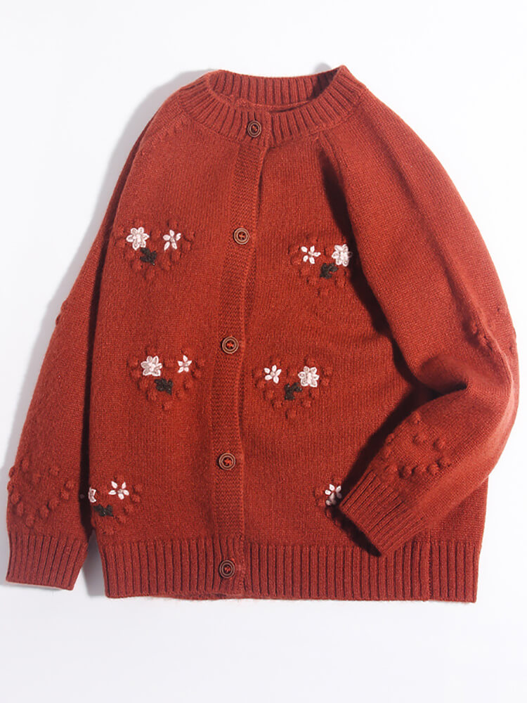 Girls Floral Embroidery Button-Front Cashmere Cardigan Sweater